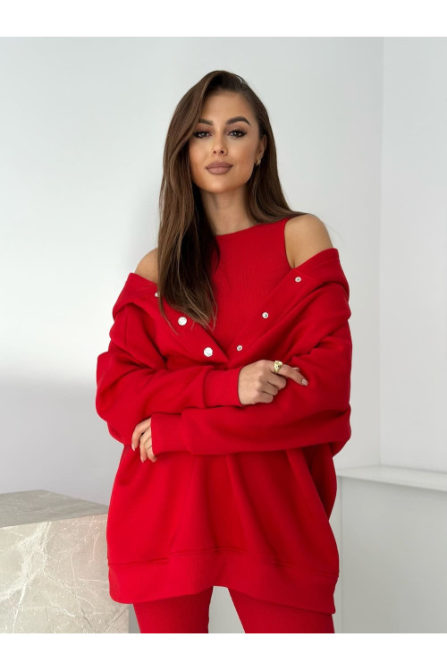 Damen 3-in-1 Trainingsanzug-Set mit Druckknöpfen - Rot - 4359