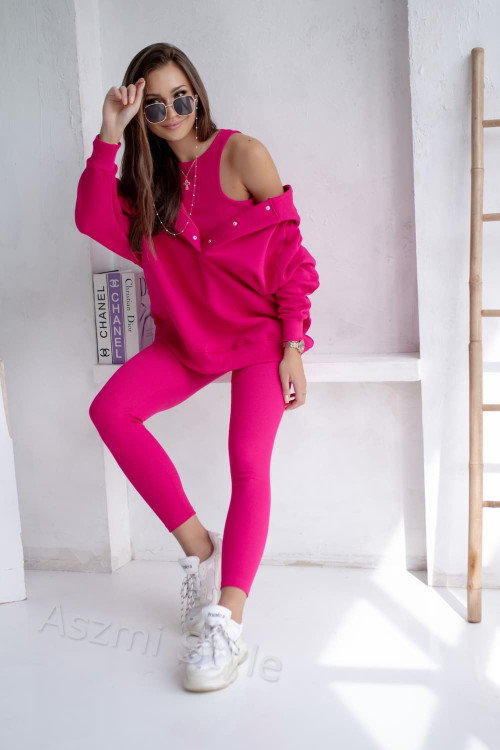 Damen 3-in-1 Trainingsanzug-Set mit Druckknöpfen - Fuchsia - 4359
