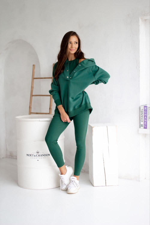 Damen 3-in-1 Trainingsanzug-Set mit Druckknöpfen - Flaschengrün - 4359