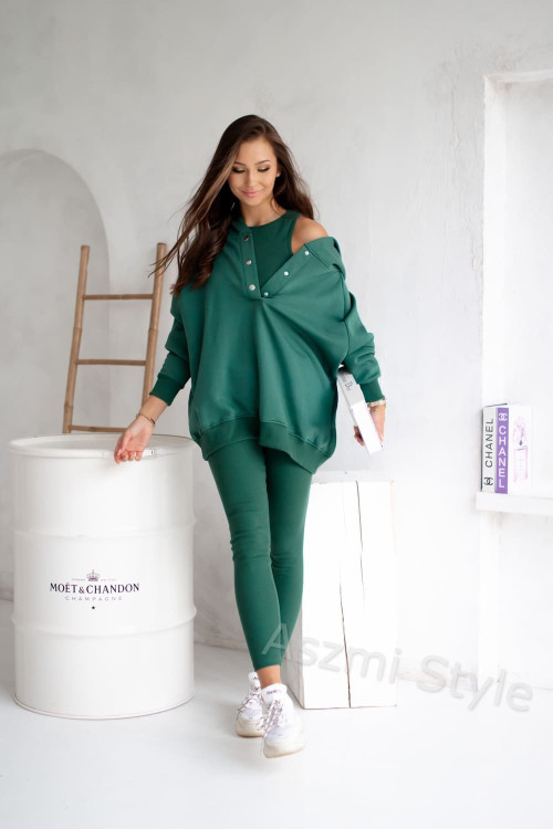 Damen 3-in-1 Trainingsanzug-Set mit Druckknöpfen - Flaschengrün - 4359