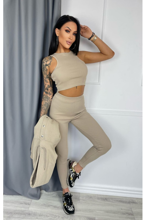 Damen 3-in-1 Trainingsanzug-Set mit Druckknöpfen - Beige - 4359