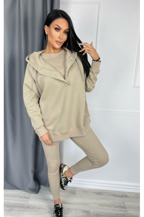 Damen 3-in-1 Trainingsanzug-Set mit Druckknöpfen - Beige - 4359