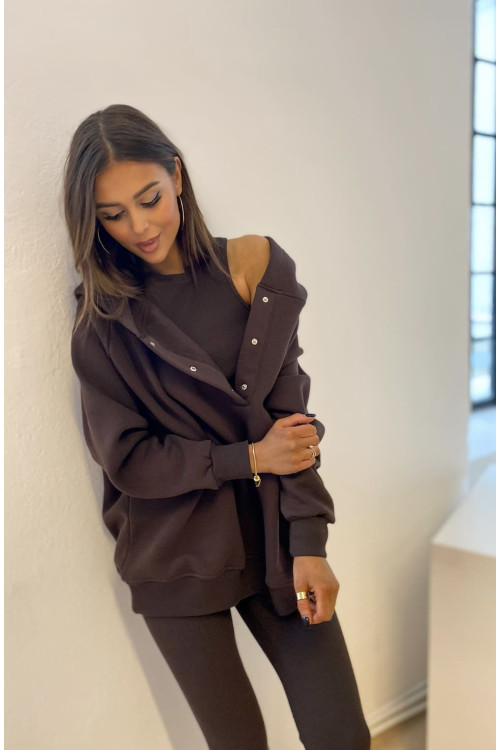 3-in-1-Trainingsanzug-Set für Damen mit Druckknöpfen - Dunkle Schokolade - 4359