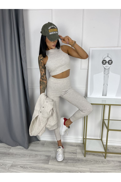Damen 3-in-1 Trainingsanzug-Set mit Druckknöpfen - Beige Melange - 4359