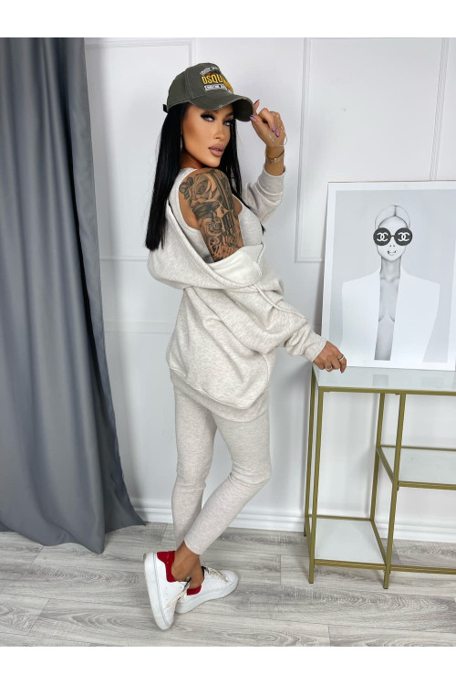 Damen 3-in-1 Trainingsanzug-Set mit Druckknöpfen - Beige Melange - 4359