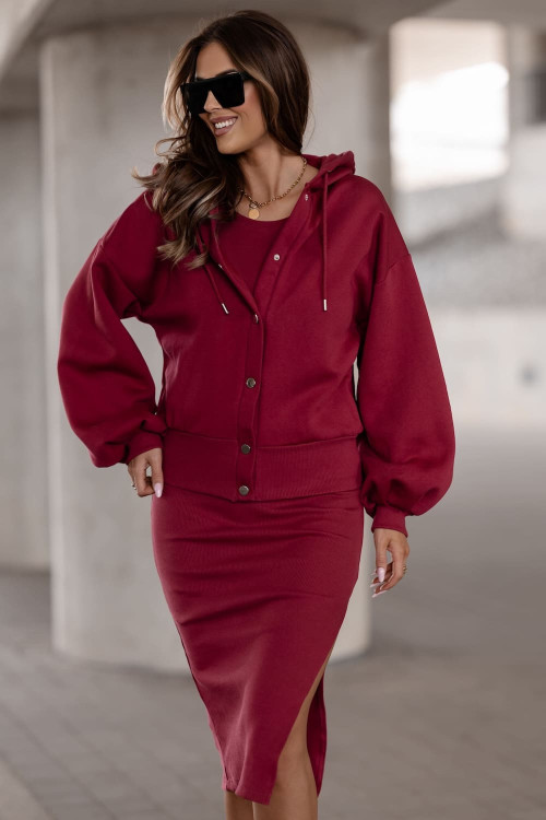 Elegantes Damen 2-teiliges Set - Bluse mit Druckknöpfen und Kleid - Weinrot