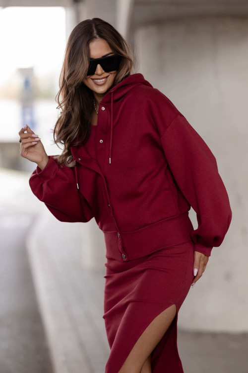 Elegantes Damen 2-teiliges Set - Bluse mit Druckknöpfen und Kleid - Weinrot