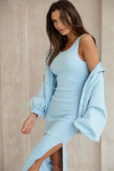 Elegant women's 2-piece set - Blouse with press-studs and dress - Blue