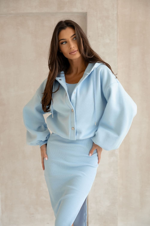 Elegant women's 2-piece set - Blouse with press-studs and dress - Blue