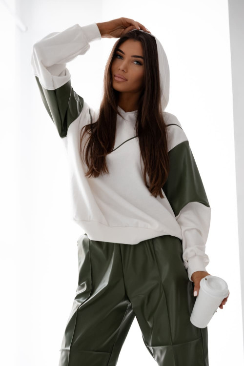 Damski komplet dresowy oversize – khaki i biały, bluza z kapturem i spodnie