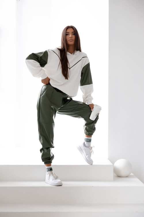 Damski komplet dresowy oversize – khaki i biały, bluza z kapturem i spodnie