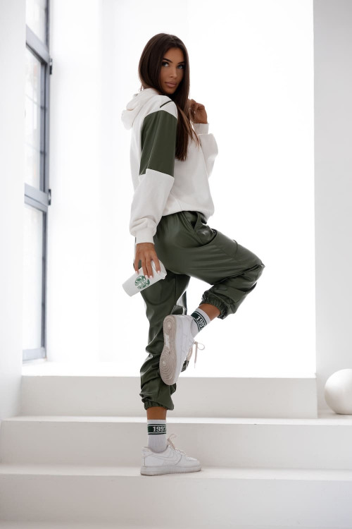 Damski komplet dresowy oversize – khaki i biały, bluza z kapturem i spodnie