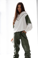 Damski komplet dresowy oversize – khaki i biały, bluza z kapturem i spodnie