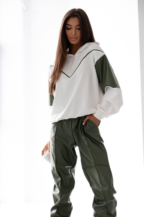 Damski komplet dresowy oversize – khaki i biały, bluza z kapturem i spodnie