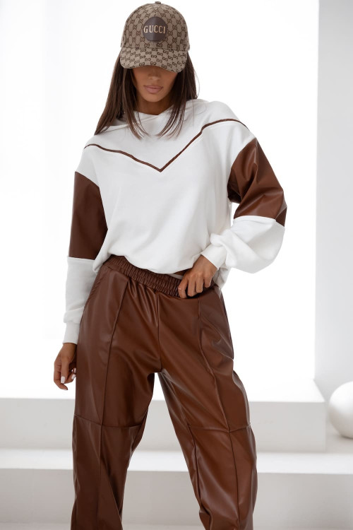 Czekoladowo-biały komplet dresowy oversize – bluza i spodnie