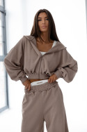 Beige oversized women's tracksuit set – short sweatshirt and wide-leg pants