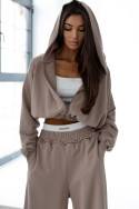 Beige oversized women's tracksuit set – short sweatshirt and wide-leg pants
