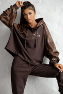 Women's hooded tracksuit set with contrasting sleeves – Chocolate