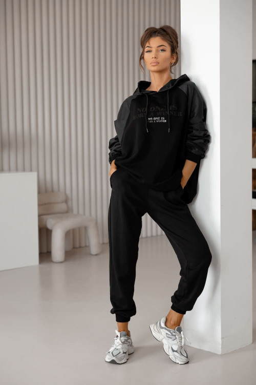 Women's hooded tracksuit set with eco-leather sleeves – Black