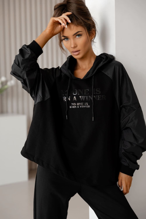 Women's hooded tracksuit set with eco-leather sleeves – Black