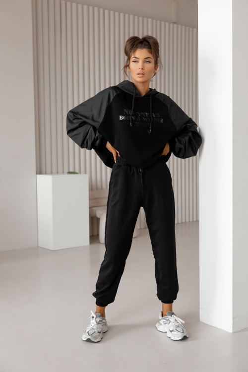 Women's hooded tracksuit set with eco-leather sleeves – Black