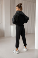Women's hooded tracksuit set with eco-leather sleeves – Black
