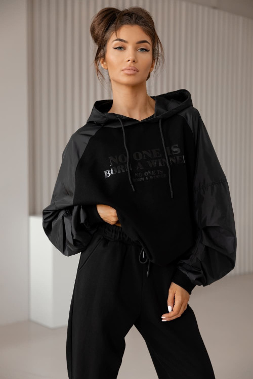 Women's hooded tracksuit set with eco-leather sleeves – Black