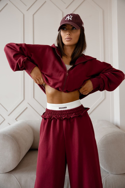 Women's oversized tracksuit set – Burgundy, with a short sweatshirt and wide-leg pants