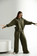 Women's tracksuit set with hood and wide trousers - Khaki