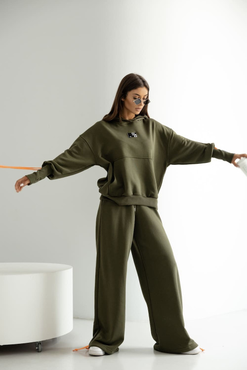 Women's tracksuit set with hood and wide trousers - Khaki