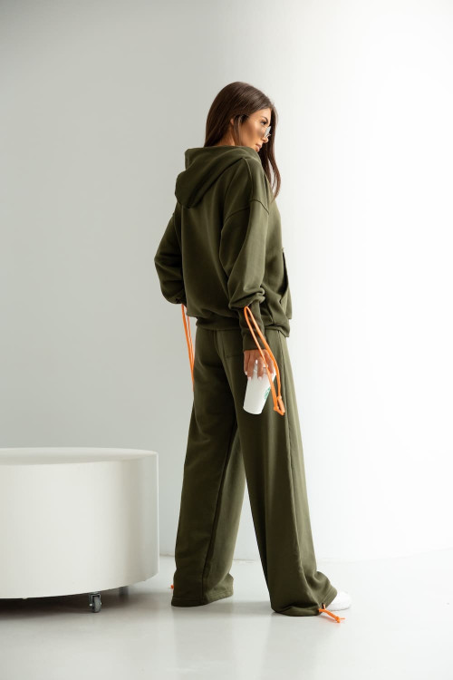 Women's tracksuit set with hood and wide trousers - Khaki