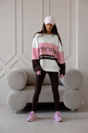 Two-piece women's set ‘Never Mind’ Oversized sweatshirt + leggings – powder pink, chocolate brown and white