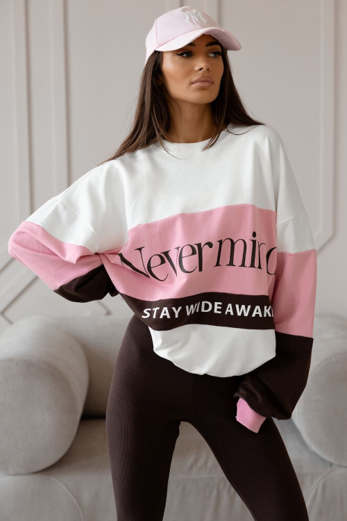 Dwuczęściowy komplet  damski „Never Mind” Bluza oversize + legginsy – pudrowy róż, czekoladowy i biały