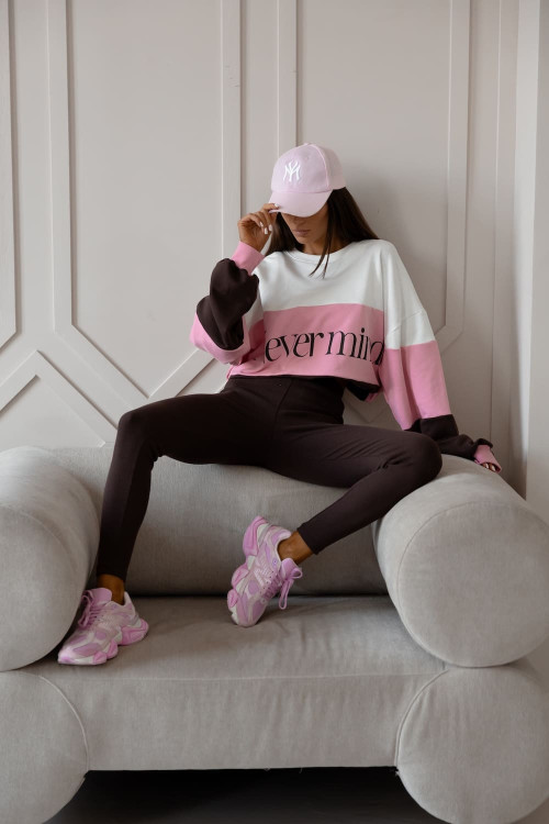 Two-piece women's set ‘Never Mind’ Oversized sweatshirt + leggings – powder pink, chocolate brown and white