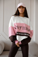 Dwuczęściowy komplet  damski „Never Mind” Bluza oversize + legginsy – pudrowy róż, czekoladowy i biały