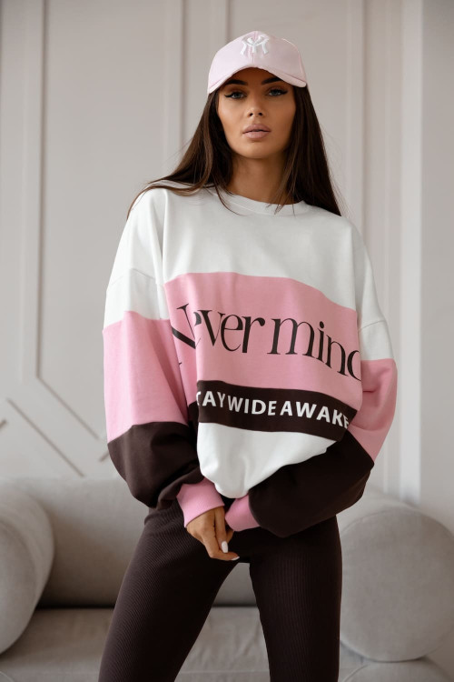 Dwuczęściowy komplet  damski „Never Mind” Bluza oversize + legginsy – pudrowy róż, czekoladowy i biały