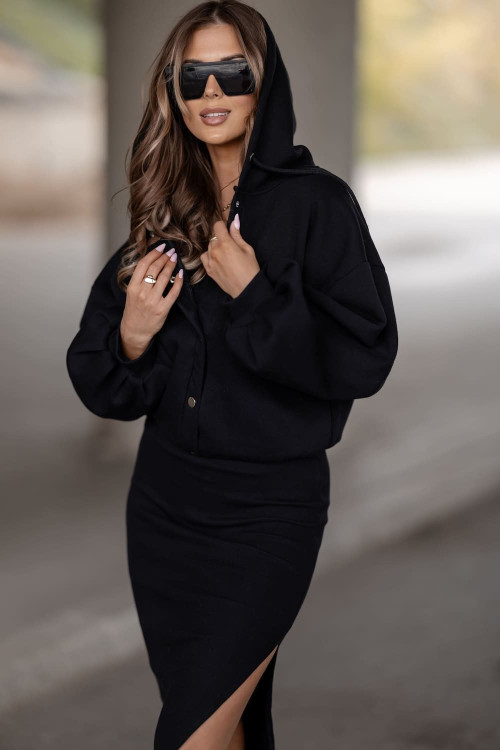 Elegantes Damen 2-teiliges Set - Bluse mit Druckknöpfen und Kleid - Schwarz