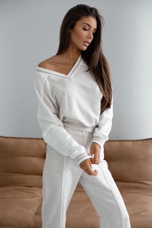 Two-piece beige women's set with a V-neck