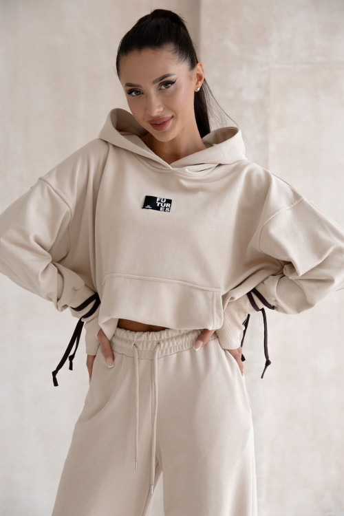 Beige oversized women's hooded tracksuit set