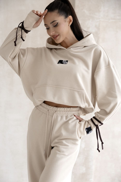 Beige oversized women's hooded tracksuit set
