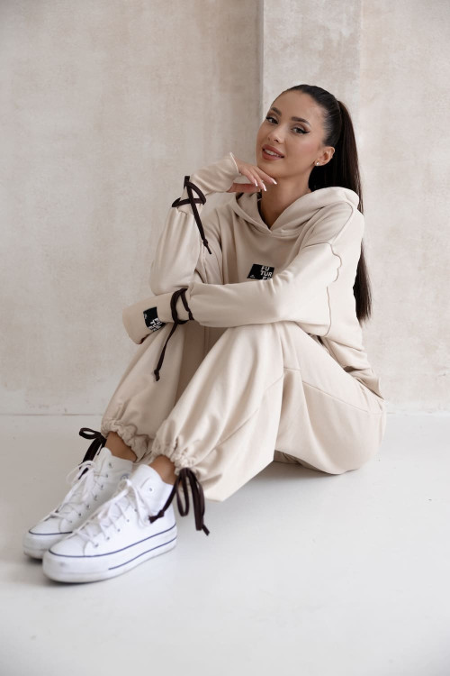 Beige oversized women's hooded tracksuit set