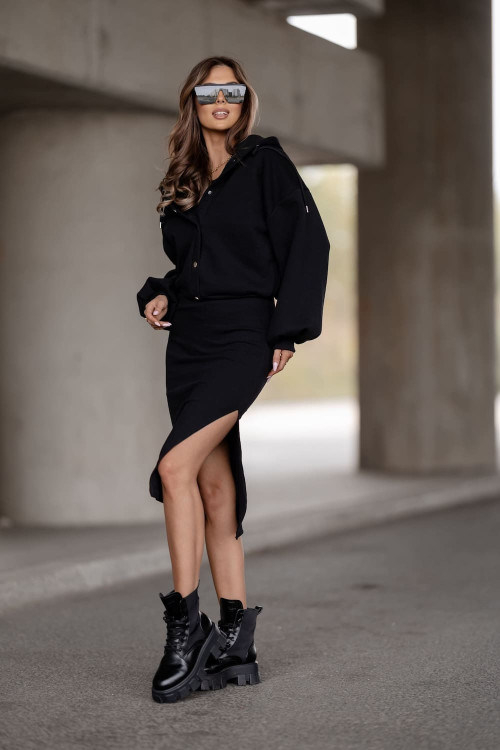 Elegantes Damen 2-teiliges Set - Bluse mit Druckknöpfen und Kleid - Schwarz