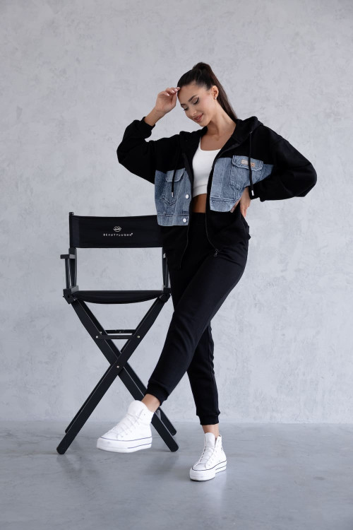 Black women's tracksuit set with denim inserts