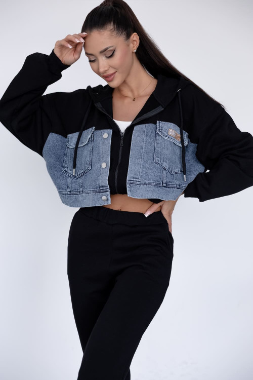 Black women's tracksuit set with denim inserts