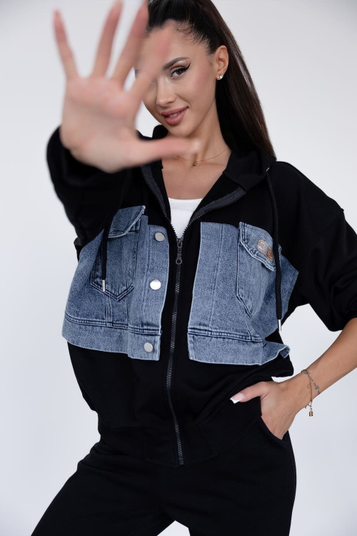 Black women's tracksuit set with denim inserts