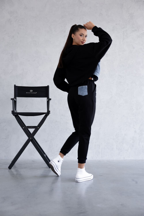 Black women's tracksuit set with denim inserts