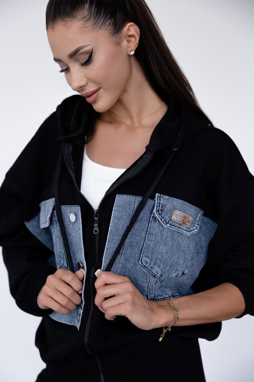 Black women's tracksuit set with denim inserts