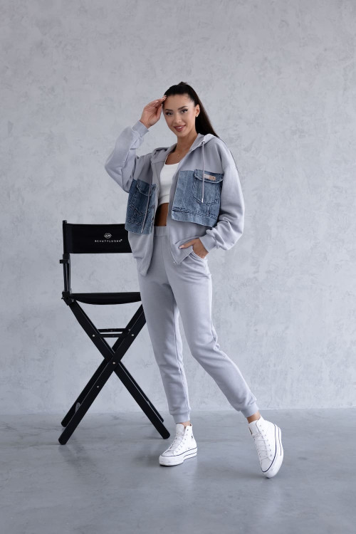 Grey women's tracksuit set with denim inserts