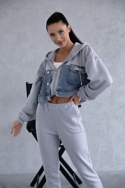 Grey women's tracksuit set with denim inserts