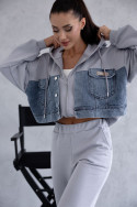 Grey women's tracksuit set with denim inserts
